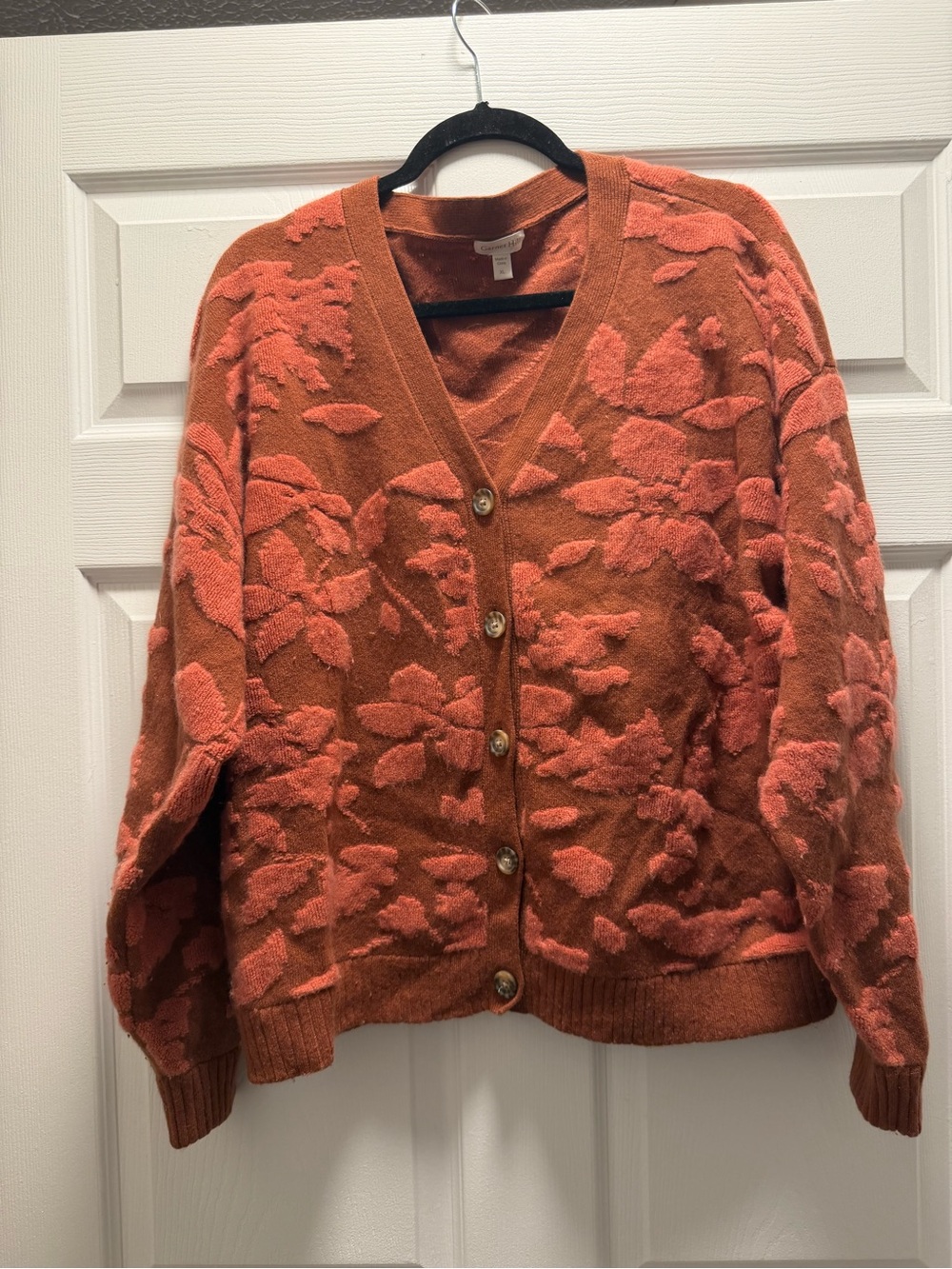 Garnet Hill 100% Cashmere Floral Iris Cardigan Sweater XL Rust Terracotta